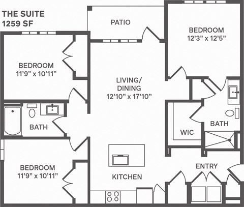 Floor plan for 3 beds, 2 baths, 1259 sqft