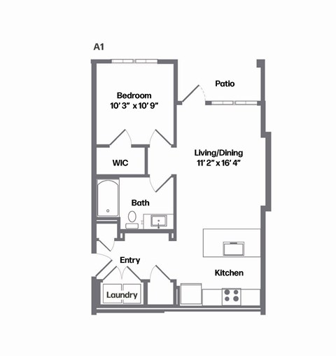 Floor plan for 1 bed, 1 bath, 678 sqft