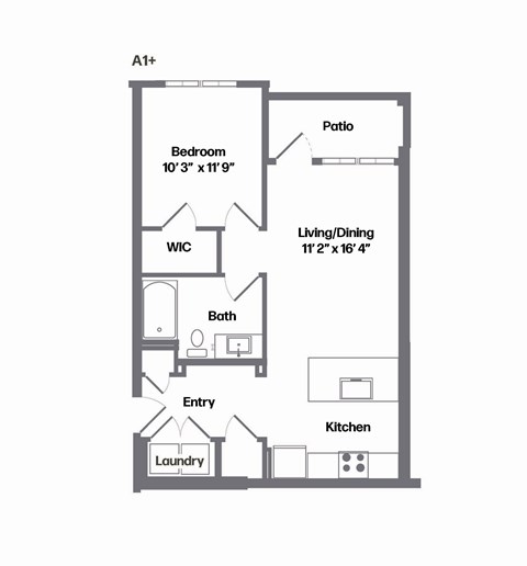 Floor plan for 1 bed, 1 bath, 689 sqft