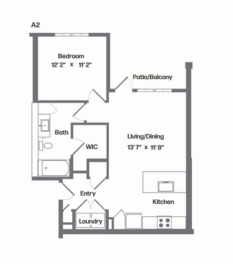 Floor plan for 1 bed, 1 bath, 755 sqft