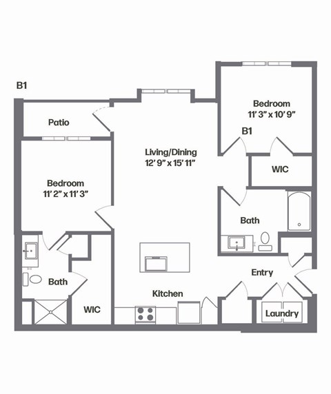 Floor plan for 2 beds, 2 baths, 1041 sqft