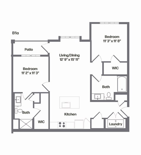 Floor plan for 2 beds, 2 baths, 1063 sqft