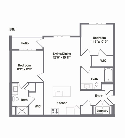 Floor plan for 2 beds, 2 baths, 1049 sqft