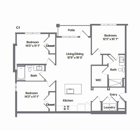 Floor plan for 3 beds, 2 baths, 1237 sqft