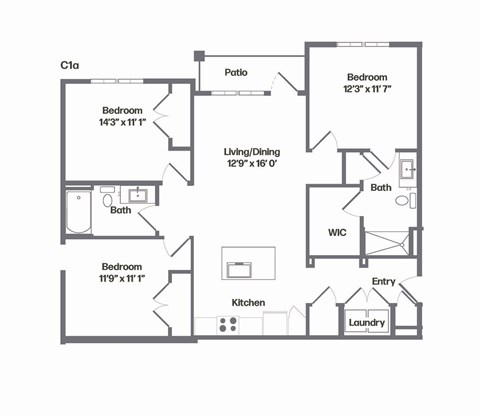 Floor plan for 3 beds, 2 baths, 1251 sqft
