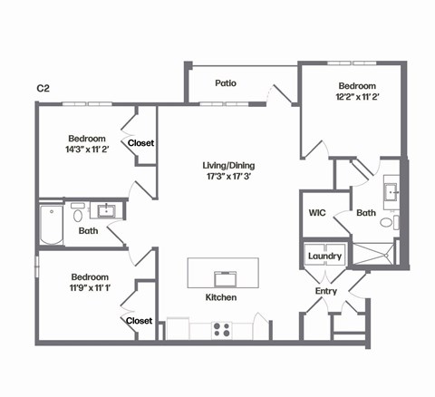 Floor plan for 3 beds, 2 baths, 1362 sqft