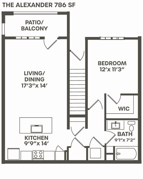 Floor plan for 1 bed, 1 bath, 786 sqft