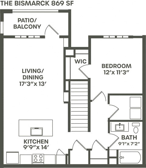 Floor plan for 1 bed, 1 bath, 869 sqft