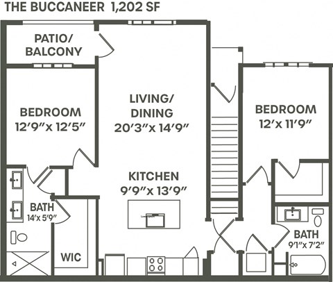 Floor plan for 2 beds, 2 baths, 1202 sqft
