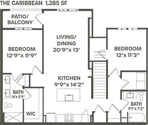 Floor plan for 2 beds, 2 baths, 1285 sqft