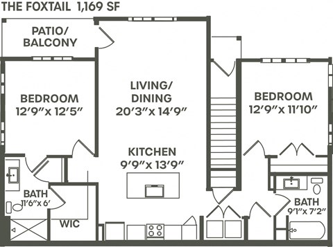 Floor plan for 2 beds, 2 baths, 1169 sqft