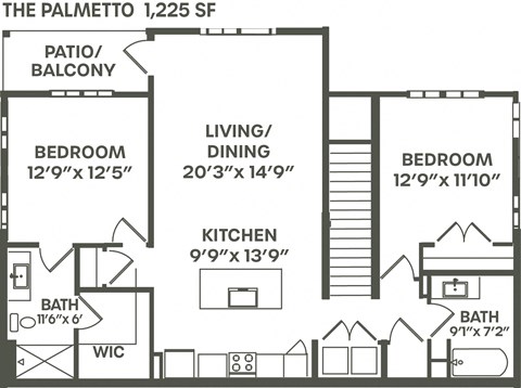 Floor plan for 2 beds, 2 baths, 1225 sqft