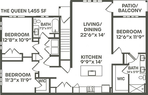 Floor plan for 3 beds, 2 baths, 1455 sqft