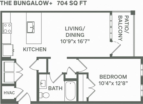 Floor plan for 1 bed, 1 bath, 704 sqft