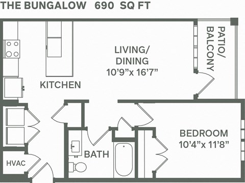 Floor plan for 1 bed, 1 bath, 690 sqft