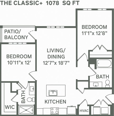 Floor plan for 2 beds, 2 baths, 1078 sqft