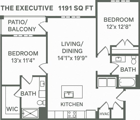 Floor plan for 2 beds, 2 baths, 1191 sqft