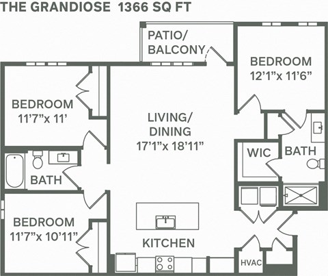 Floor plan for 3 beds, 2 baths, 1366 sqft