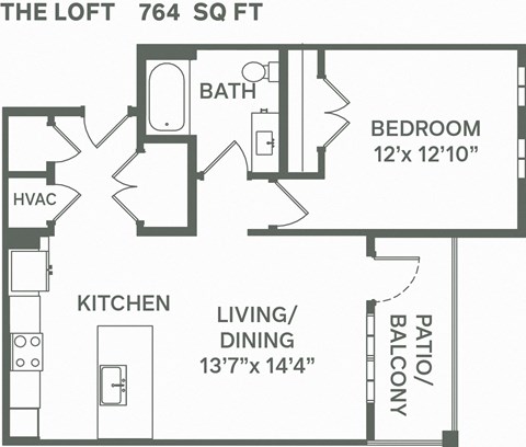 Floor plan for 1 bed, 1 bath, 764 sqft