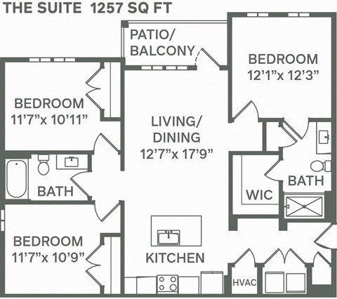 Floor plan for 3 beds, 2 baths, 1257 sqft