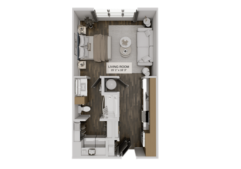 Floor plan for studio, 1 bath, 621 sqft