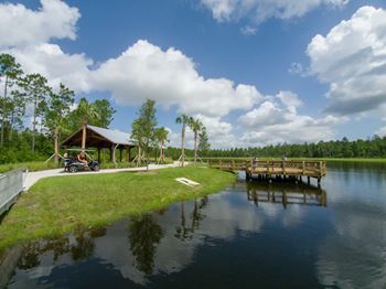 Wooden fishing pier overlooking scenic pond and nature preserve
