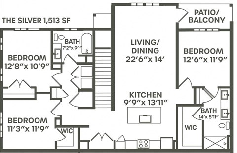 Floor plan for 3 beds, 2 baths, 1513 sqft