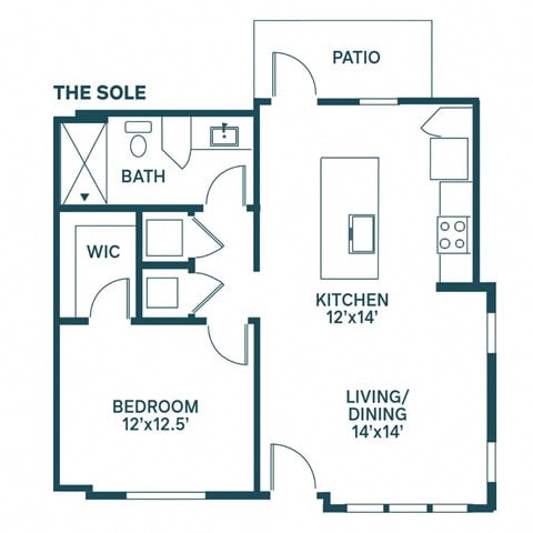 Floor plan for 1 bed, 1 bath, 734 sqft