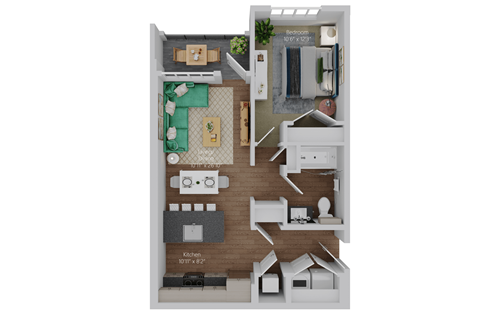 Floor plan for 1 bed, 1 bath, 689 sqft