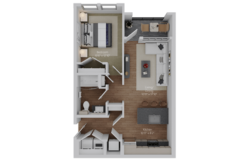 Floor plan for 1 bed, 1 bath, 701 sqft