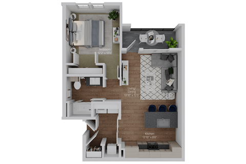 Floor plan for 1 bed, 1 bath, 761 sqft