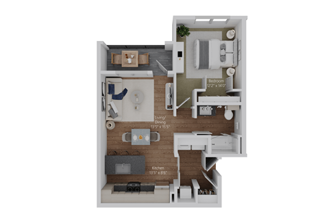 Floor plan for 1 bed, 1 bath, 774 sqft
