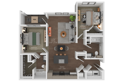 Floor plan for 2 beds, 2 baths, 1067 sqft