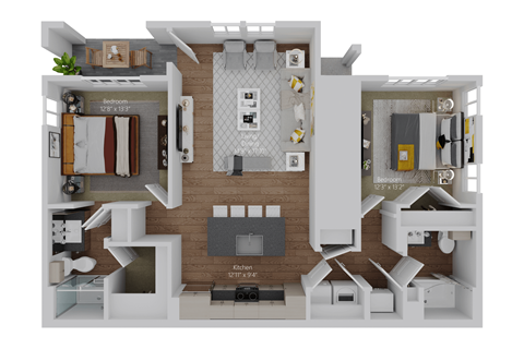 Floor plan for 2 beds, 2 baths, 1169 sqft