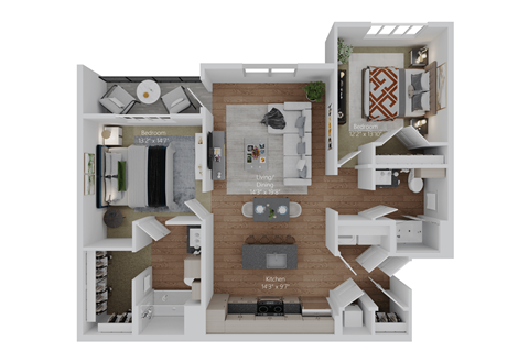 Floor plan for 2 beds, 2 baths, 1193 sqft