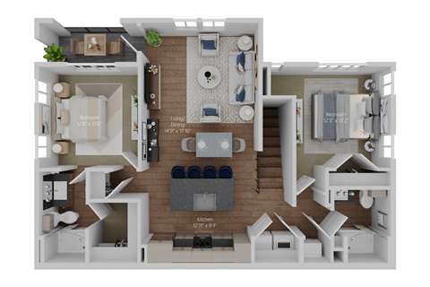 Floor plan for 2 beds, 2 baths, 1225 sqft