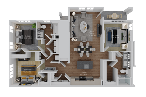Floor plan for 3 beds, 2 baths, 1455 sqft