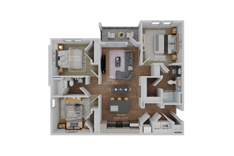 Floor plan for 3 beds, 2 baths, 1259 sqft