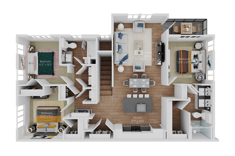 Floor plan for 3 beds, 2 baths, 1515 sqft