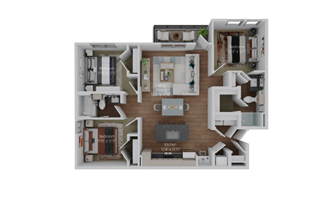 Floor plan for 3 beds, 2 baths, 1369 sqft