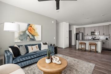 Buckeye apartment for rent - A living room with a blue couch and a painting on the wall.