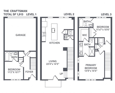 Floor plan for 3 beds, 3.5 baths, 1913 sqft