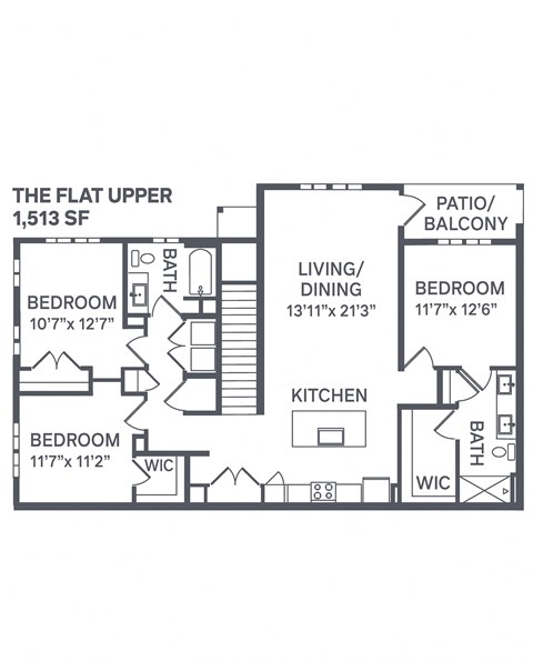 Floor plan for 3 beds, 2 baths, 1513 sqft