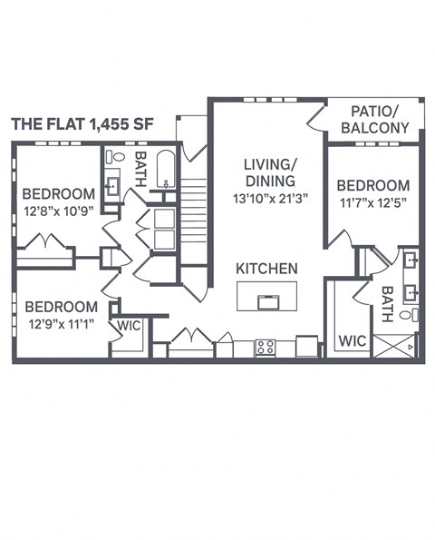 Floor plan for 3 beds, 2 baths, 1455 sqft