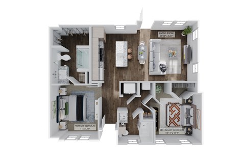 Floor plan for 2 beds, 2 baths, 1028 sqft