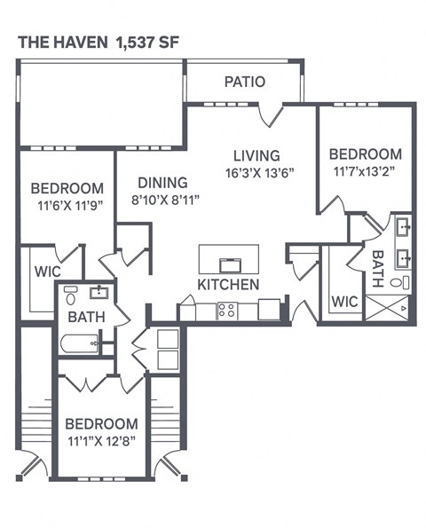 Floor plan for 3 beds, 2 baths, 1537 sqft