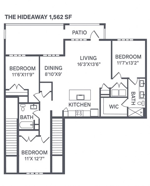 Floor plan for 3 beds, 2 baths, 1562 sqft
