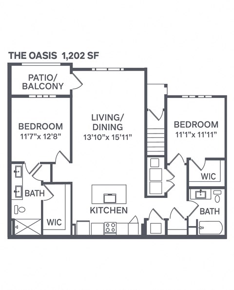Floor plan for 2 beds, 2 baths, 1202 sqft