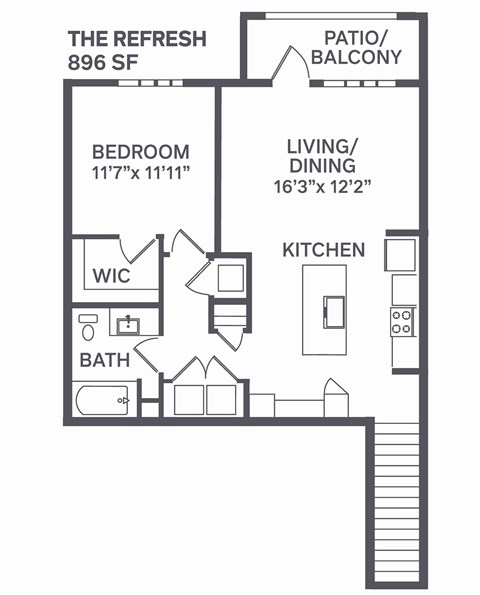Floor plan for 1 bed, 1 bath, 896 sqft