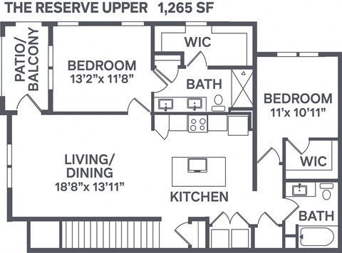 Floor plan for 2 beds, 2 baths, 1265 sqft